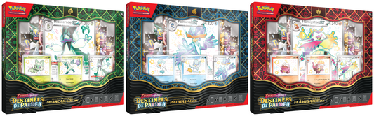 POKÉMON JCC - ÉCARLATE ET VIOLET - COLLECTION PREMIUM DESTINÉES DE PALDEA (MIASCARADE-EX / FLÂMIGATOR-EX / PALMAVAL-EX - 1X COFFRET ALÉATOIRE)