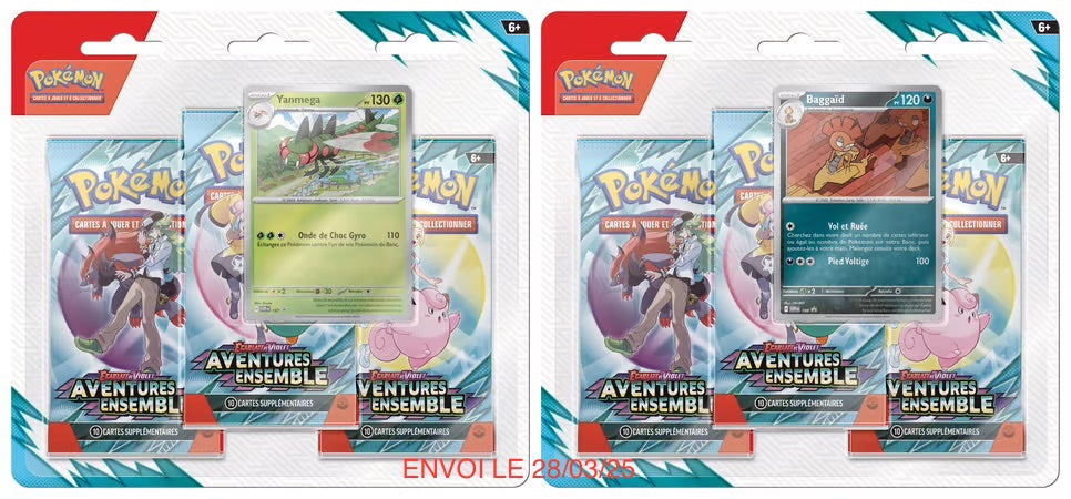 LIMITE A 2/ PERSONNE : POKÉMON JCC - ÉCARLATE ET VIOLET - PACK BLISTER DE 3 BOOSTERS EV09 AVENTURES ENSEMBLE BAGGAÏD OU YANMEGA (1 BOOSTER ALÉATOIRE) - FR